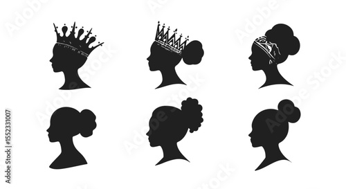 Elegant woman silhouettes with crowns and stylish hair buns showcase classic beauty and modern style for diverse fashion options.