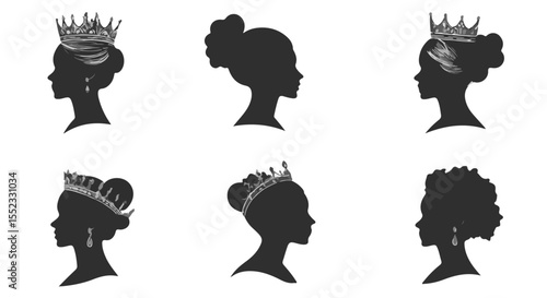 Silhouette portraits of women wearing crowns offers a regal look for graphic projects or fashion forward designs.