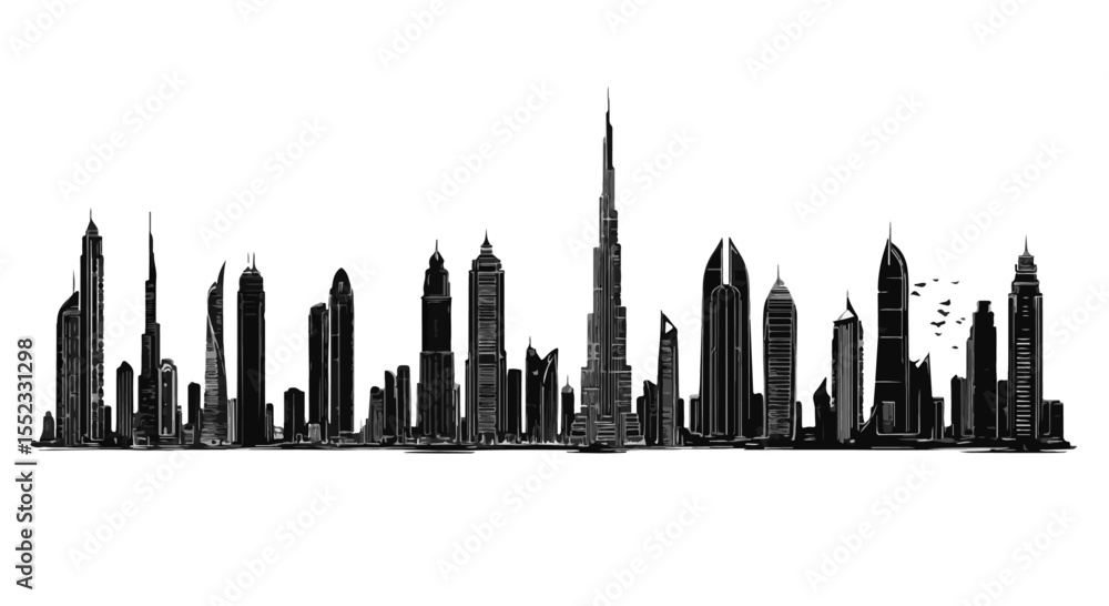 Fototapeta premium Dramatic silhouette of Dubai skyline against a stark white backdrop showcasing modern architecture and urban development