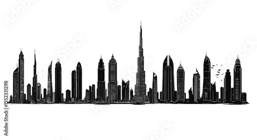 Dramatic silhouette of Dubai skyline against a stark white backdrop showcasing modern architecture and urban development