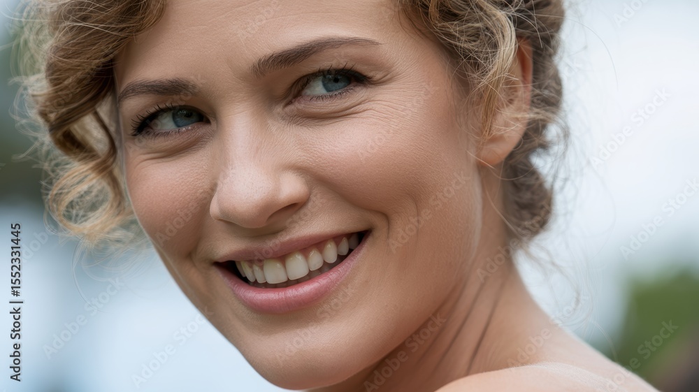 Naklejka premium Smiling caucasian female young adult with curly blonde hair and blue eyes