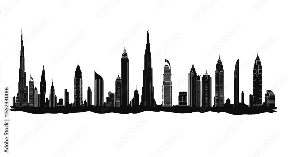 Fototapeta premium Striking silhouette showcases a modern cityscape with towering skyscrapers against a clean white background, perfect for urban themes.