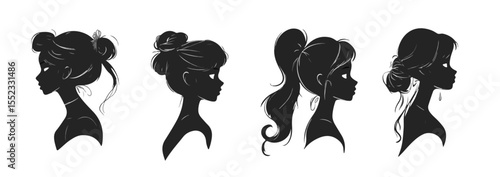 Stylish silhouettes show different hairstyles for diverse women, offering variety and elegance in simple design.