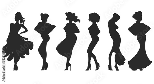Silhouettes of elegant women in various dresses pose in this stylish, black and white artistic composition for creative projects.