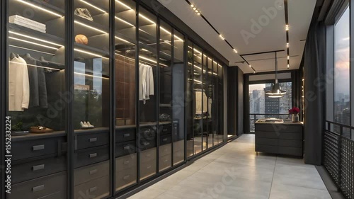 Interior view of a modern walk in closet with glass doors and city view in the background
