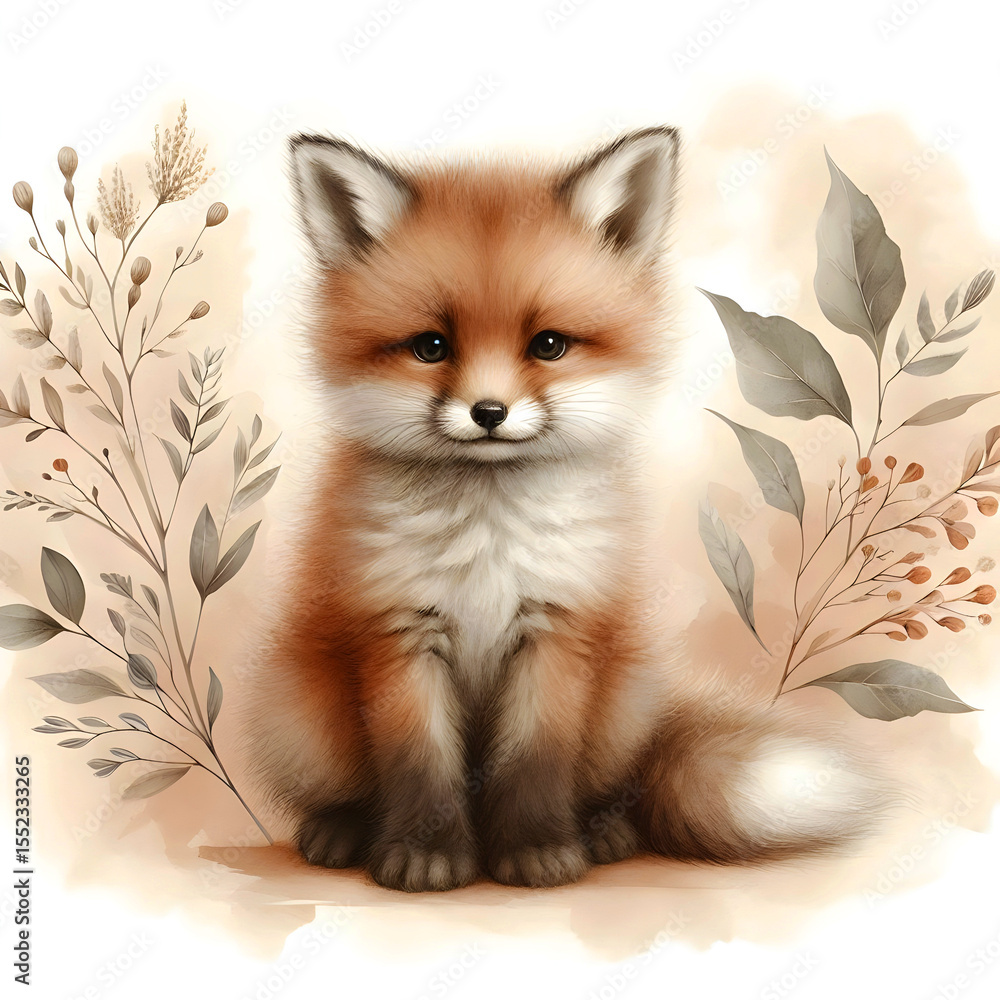 Obraz premium Delicate Fox Cub Portrait Sitting Among Wildflowers – Minimal Color Illustration