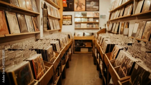 Vintage record store with rows of vinyl albums and nostalgic ambiance