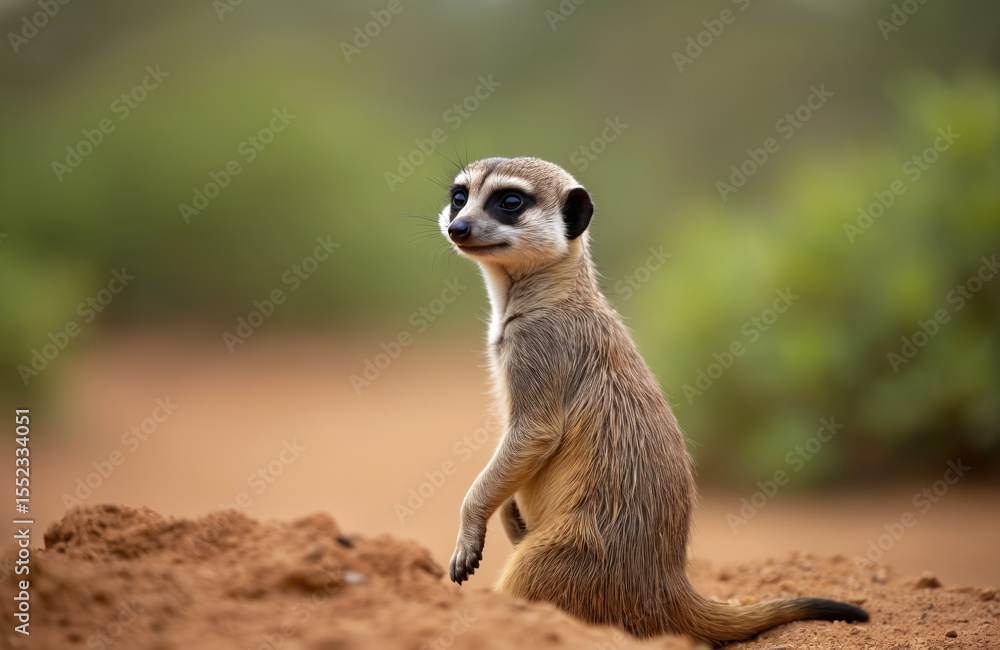Fototapeta premium Meerkat stands guard near burrow. Kalahari Desert landscape with green surroundings. Suricata suricatta on lookout. Animal wildlife South Africa, African desert mammal. Focus on meerkat alertness.