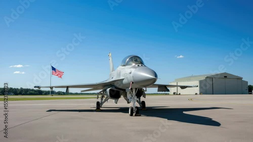 Military jet fighter on airbase runway near hangar with USA flag