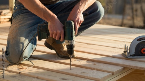 Construction worker using drill on wooden deck in sunlit outdoor setting