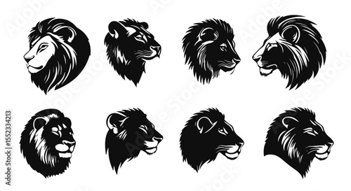 Diverse lion head silhouettes in black and white present a fierce and striking collection for various design applications.