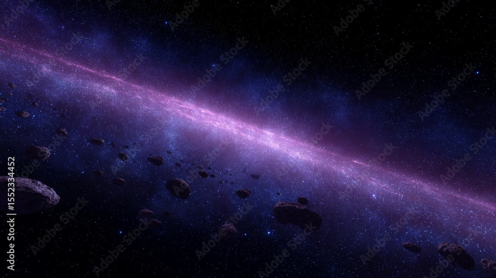 Naklejka premium A stunning cosmic view showcases a vibrant galaxy ribbon in shades of purple. Explore the beauty of space with this captivating image. Ideal for science and art projects. AI