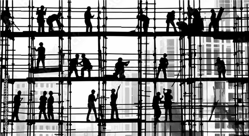 Silhouette of construction workers working on scaffolding in urban area against a white building background.