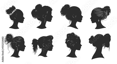 Female silhouette profiles showcase elegant updos and hairstyles against a clean backdrop for fashion or beauty projects.