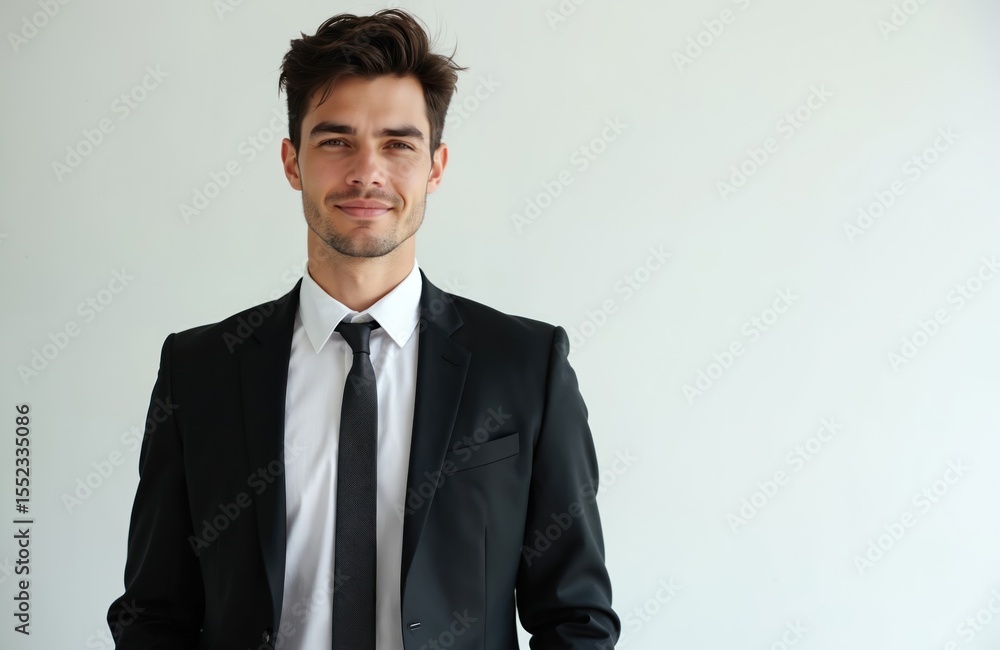 Handsome young man in suit looks at camera. Formal business attire. White shirt, black suit, black tie. Modern business portrait. Confident, stylish businessman with clean background. Handsome young man in suit looks at camera. Formal business attire. White shirt, black suit, black tie. Modern business portrait. Confident, stylish businessman with clean background.