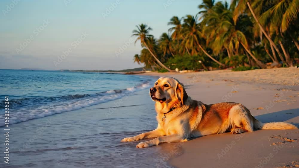 Golden Retriever relaxing on a tropical beach at sunset. Golden Retriever relaxing on a tropical beach at sunset.