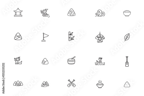 Dragon Boat Festival thin line icon set. Vector collection of holiday symbols, zongzi, and Asian cultural pictograms