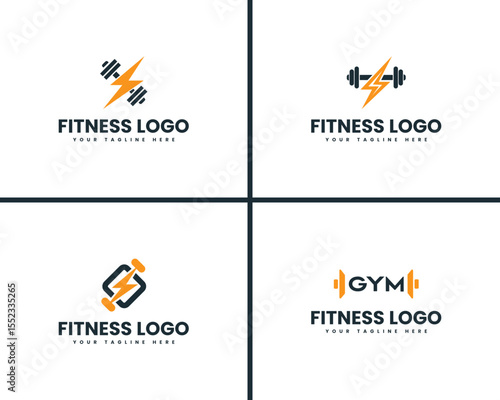 Modern Fitness Logo Designs collection for Gym or Workout Studio. Four fitness logo concepts featuring stylized lightning bolt and dumbbells.