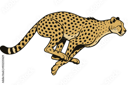 Vector illustration of running cheetah in dynamic pose, flat style, yellow and black, speed and agility concept