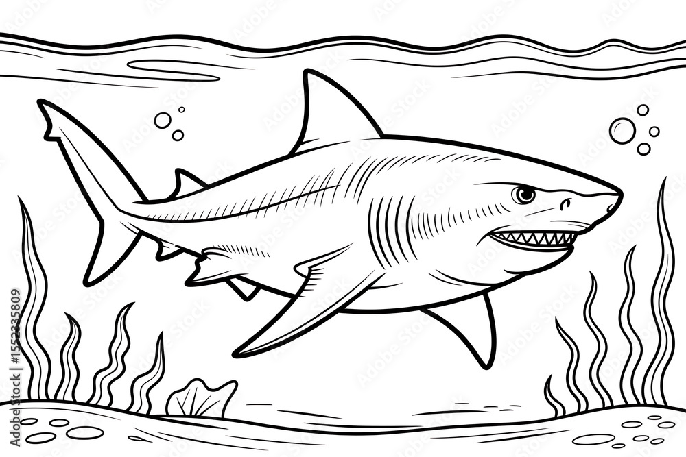 Fototapeta premium Great white shark, powerful and fierce, underwater scene.