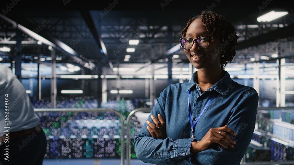 Happy technician next to server hub engineering team colleagues reviews AI diagnostics. Cheerful african american woman working in data center to maintain operational reliability, Happy technician next to server hub engineering team colleagues reviews AI diagnostics. Cheerful african american woman working in data center to maintain operational reliability,
