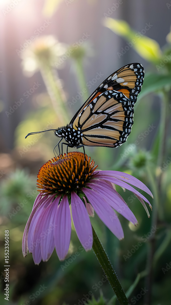 Naklejka premium Monarch butterfly rests on a purple coneflower. 