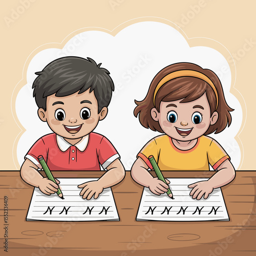 Two children studying and practicing writing in classroom setting  