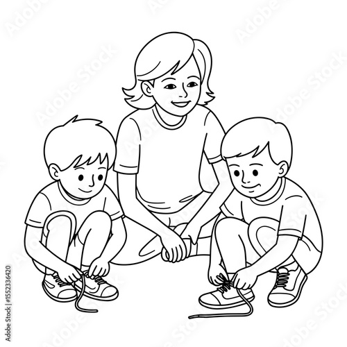 Woman teaching two children how to tie shoelaces indoors, concept of Education  