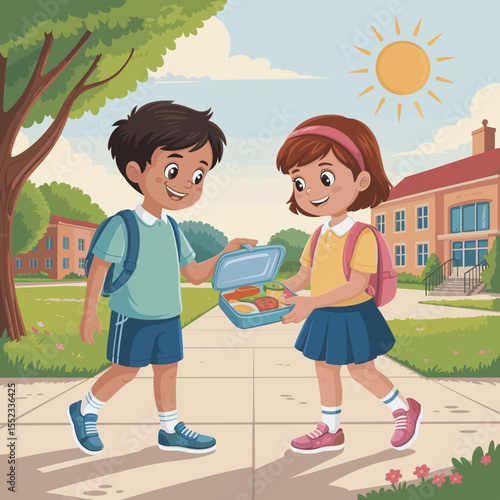 Two children sharing lunch boxes while walking in schoolyard outdoors  