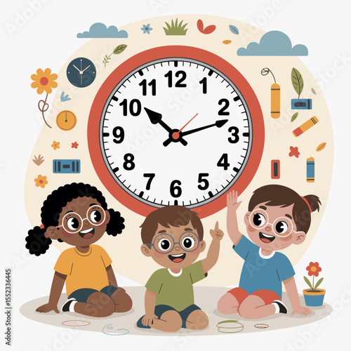 Children learning to tell time while sitting on the floor with clock background  