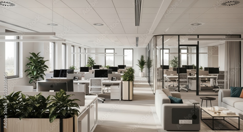Fototapeta premium Modern White Office Space With Abundant Natural Light and Sleek Furniture Design