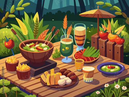 vector of Country garden celebration: grilled food and shashlik, rice and soup in dark dishes, bread in a wicker basket and drinks in stemmed glasses on a wooden table.