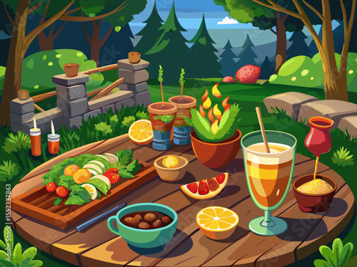 vector of Country garden celebration: grilled food and shashlik, rice and soup in dark dishes, bread in a wicker basket and drinks in stemmed glasses on a wooden table.