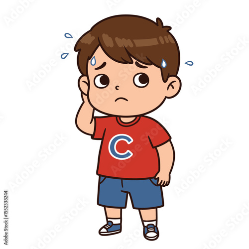 Confused and Sweating Cartoon Boy Vector Illustration