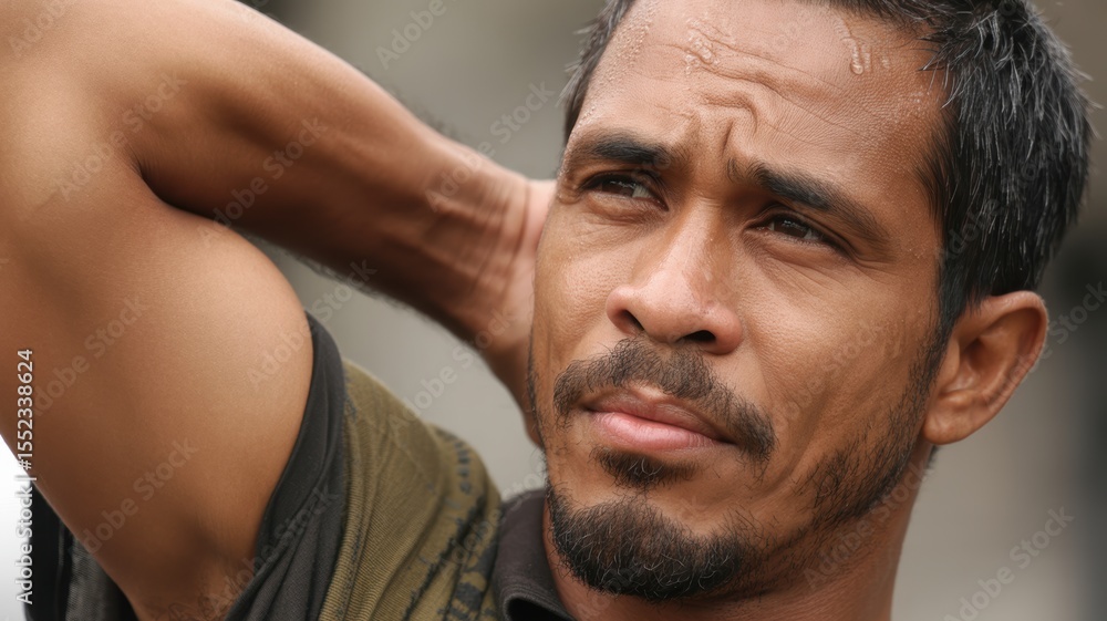 Fototapeta premium Thoughtful young hispanic male with intense expression outdoors