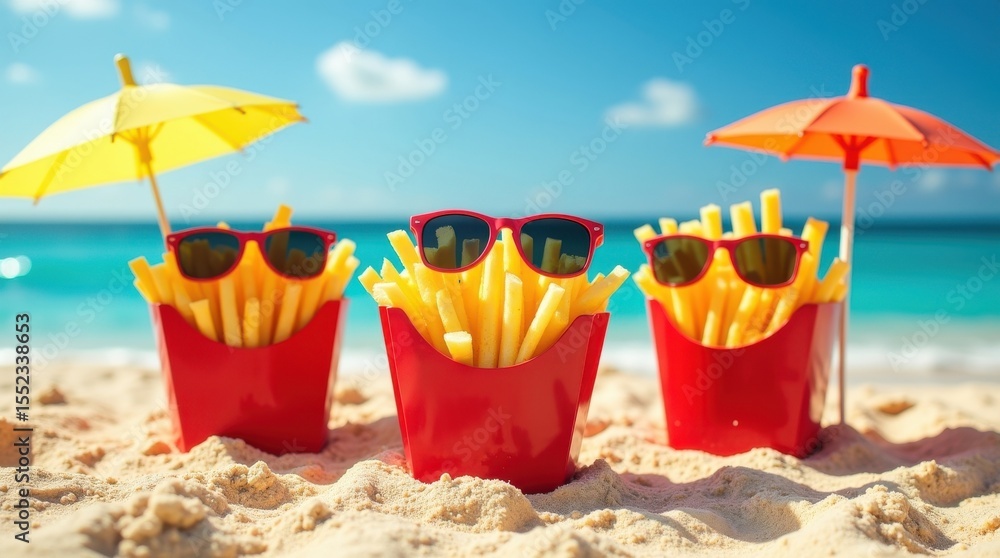 Obraz premium Enjoying delicious french fries at the beach summer vibes food photography tropical environment fun viewpoint