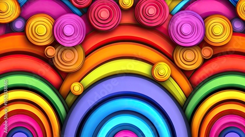 Colorful abstract design with layered circles and arcs.