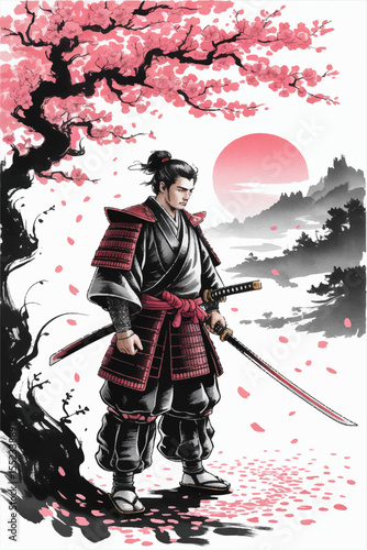 A color illustration in the style of Japanese painting depicting a samurai with a katana standing near a sakura tree, behind which mountains and sunset are visible. Vector graphics. EPS.