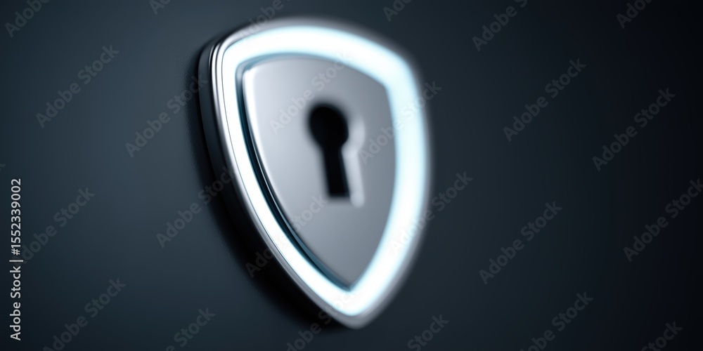 Glossy shield with illuminated lock icon for data security, cyber protection, and technology branding concepts. Glossy shield with illuminated lock icon for data security, cyber protection, and technology branding concepts.