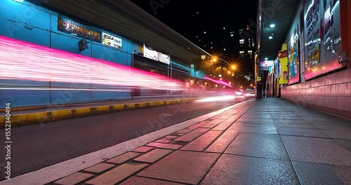 Video of urban street scene with light trails from passing vehicles. Features blue and pink neon lights creating vibrant streaks. Foreground includes a pavement and a curb