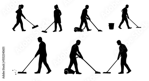 Silhouetted figures clean with brooms and vacuums, offering a vector illustration of domestic chores and sanitation work.