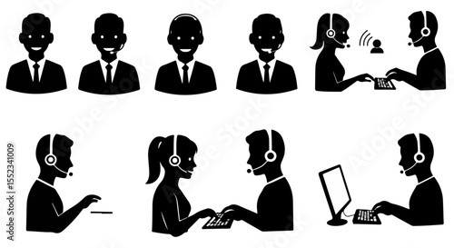 Customer service representatives with headsets support clients online or by phone