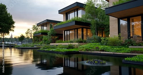 Video footage of modern residential buildings with reflective windows and rooftop gardens surrounded by a tranquil pond at dusk reflecting the twilight sky