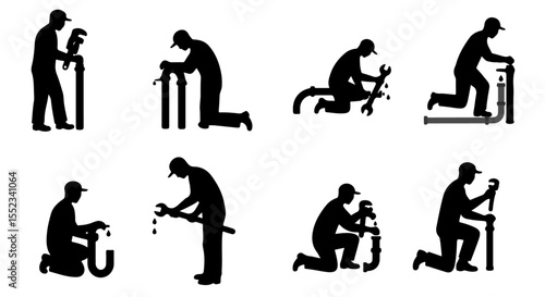 Plumbing silhouettes showcase technicians repairing leaks with wrenches in various repair activities.