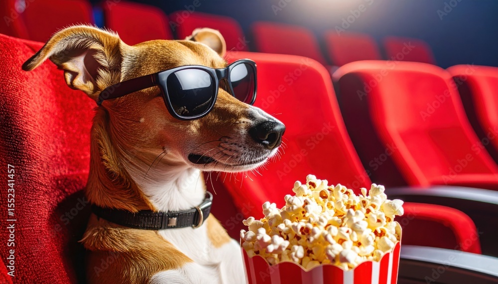 A stylish dog with sunglasses and popcorn at a cinema representing anthropomorphic humor, pet culture and modern entertainment trends A stylish dog with sunglasses and popcorn at a cinema representing anthropomorphic humor, pet culture and modern entertainment trends