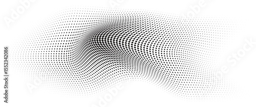 Flowing Wave Dot Halftone Pattern: Curve Gradient Shape on Transparent Background. Suitable for AI, Tech, Network, Digital, Science, and Technology Themes.