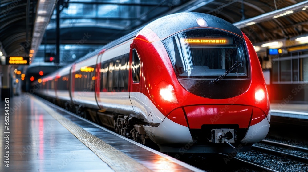 Fototapeta premium A sleek modern train stands ready on a platform, showcasing its striking red and white design, symbolizing efficiency and contemporary travel in urban environments.