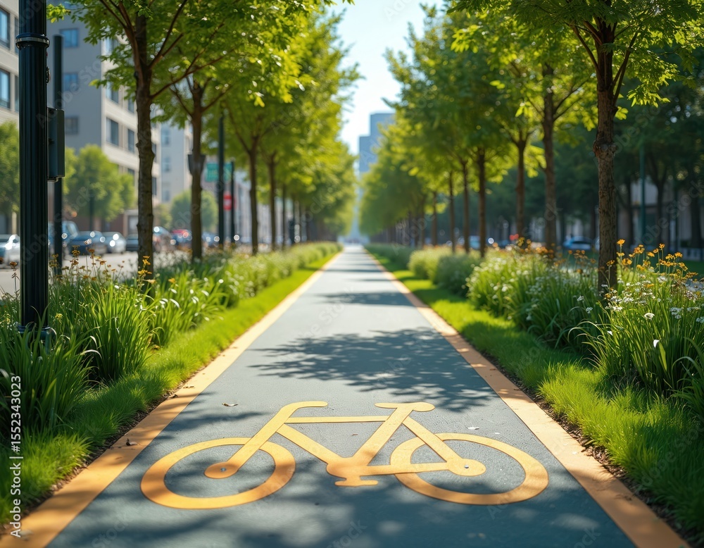 Obraz premium Bike path in urban environment with green trees promoting sustainable transport. Cycling lane in city with plants, trees. Modern eco-friendly infrastructure for recreation, healthy lifestyle, nature,