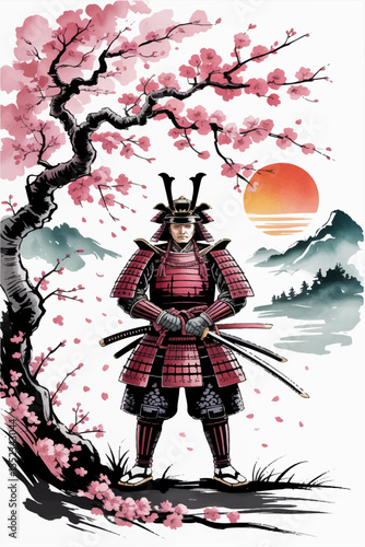 A color illustration in the style of Japanese painting depicting a samurai with a katana standing near a sakura tree, behind which mountains and sunset are visible. Vector graphics. EPS.