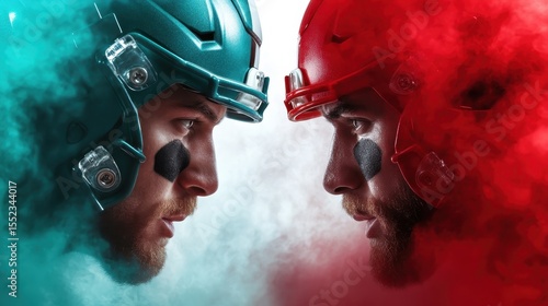 A dramatic face-off between two football players in helmets, surrounded by vibrant colored smoke, embodying the intensity and passion of competitive sports.